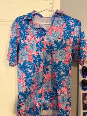 Vineyard Vines Pink and Blue Floral Performance Polo